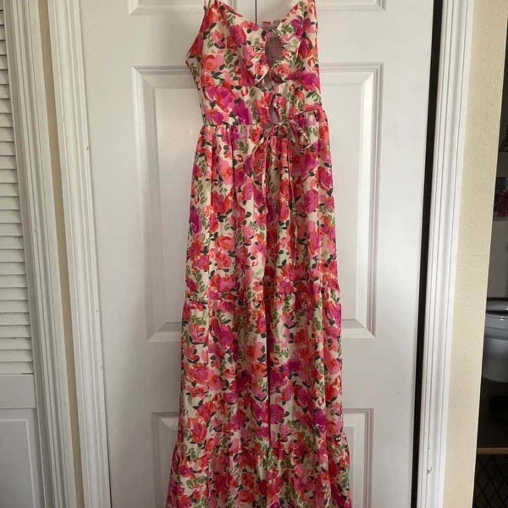 Floral Spaghetti-Strap Maxi Dress with Waist Tie - Pink